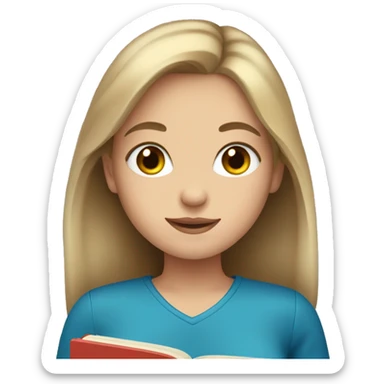 Girl with dark blonde hair and blue eyes holding a book sticker
