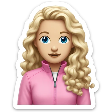 white girl with blue eyes and long curly hair with pink Quarter zip up jacket sticker