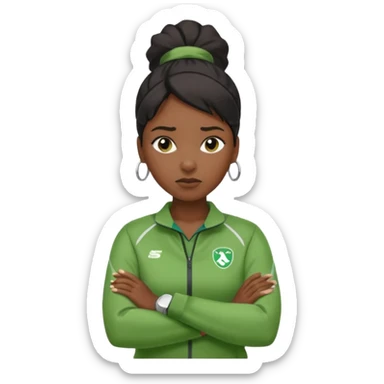 A calm black female coach with folded arms, analyzing the game with sharp focus, green clothes sticker