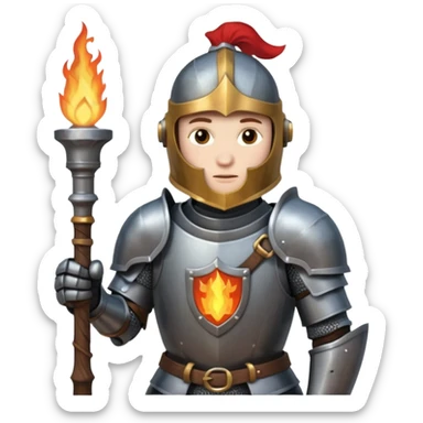 knight holding a short wooden torch in hand wearing darker, realistic iron armor sticker