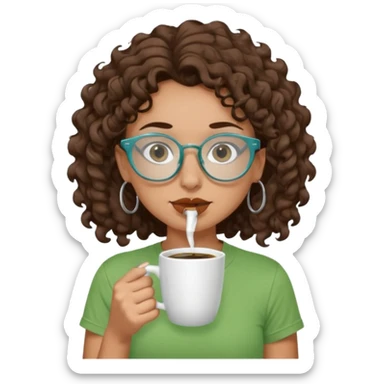 White girl with dark brown curly hair, brown eyes, sky blue glasses, nose piercing septum, green t shirt, drinking coffee from a cup sticker