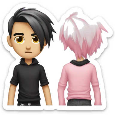 Create an emoji of an emo guy with split-dyed hair—one side pastel pink and the other side black. The hair should have a slightly messy, choppy texture, and the character should have a subtle, sad expression, wearing dark clothing typical of emo fashion sticker