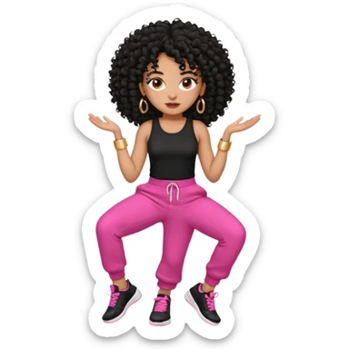 Black woman, adult, 4C black curly hair, dark brown eyes, wearing black top, pink pants, black sneakers, gold hoop earrings mostrando os músculos  sticker
