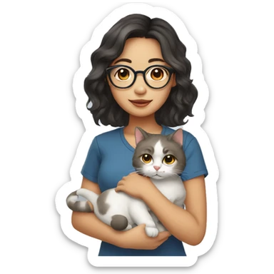 Southeast asian girl wearing glasses and shoulder length wavy hair holding a cat sticker