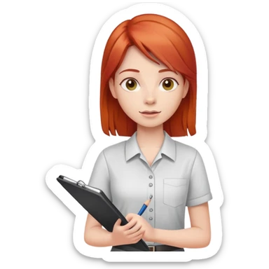 Intern or volunteer red hair holding a clipboard and pencil, ready to take notes or assist. The character wears a simple shirt and has an eager posture sticker