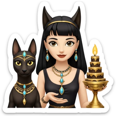 Smiling Witchy-mannered smoky-evil-eyed real Audrey Hepburn cleopatra Anubis conjuring Protecting silky black-haired tiny chained-adorned statuette-scale dessert scenery stone-age cracked ancient antique  sticker