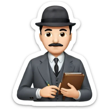A cinematic-style frame showing Hercule Poirot in his iconic suit with a notebook in a dramatic detective pose. Background should be mysterious city, map, a board with photos of suspects, clues like fingerprints. Transparent background. sticker