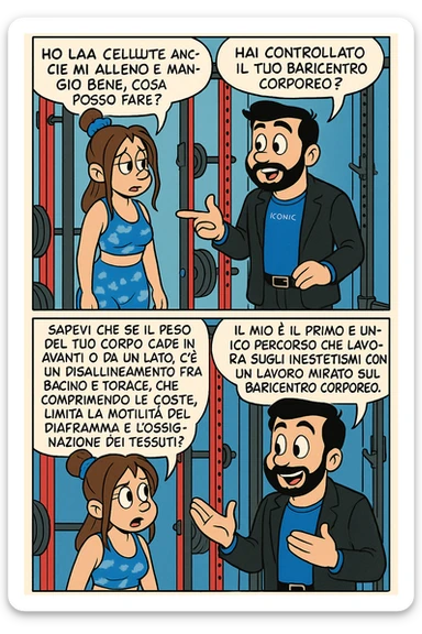 TRASFORMA QUESTO CAROSELLO IN UN FUMETTO STILE TOPOLINO CON QUESTE DUE PERSONE IDENTICHE CHE INTERLOQUISCONO TRA LORO:

LEI: Ho la cellulite anche se mi alleno e mangio bene, cosa posso fare?

LUI: Hai controllato il tuo baricentro corporeo?
LUI: Sapevi che se il peso del tuo corpo cade in avanti o da un lato, c’è un disallineamento fra bacino e torace, che comprimendo le coste, limita la motilità del diaframma e l’ossigenazione dei tessuti?
LUI: Il mio è il primo e unico percorso che lavora sugli inestetismi con un lavoro mirato sul baricentro corporeo. sticker