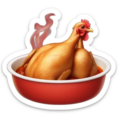 a perfectly cooked chicken in a red dish, smoking because it's hot. sticker