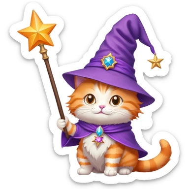 Orange cat wearing a purple wizard hat and holding a magic wand with a star at the tip sticker