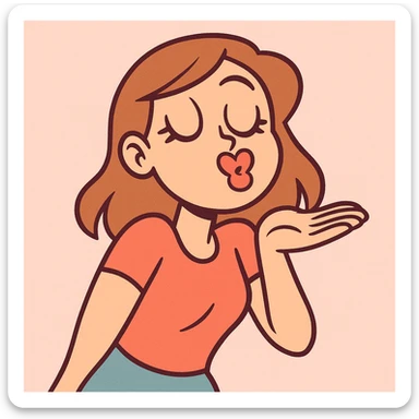 colorful cartoon style young woman blowing a kiss, lips shaped like a heart, pastel background sticker