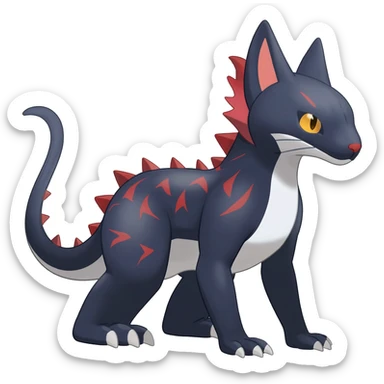 midnight blue-gray-black, with red markings, white belly, scaley Bastet-Noibat-Gatomon-Garchomp-Digimon-Fakémon-Pokémon-creature (full body) sticker