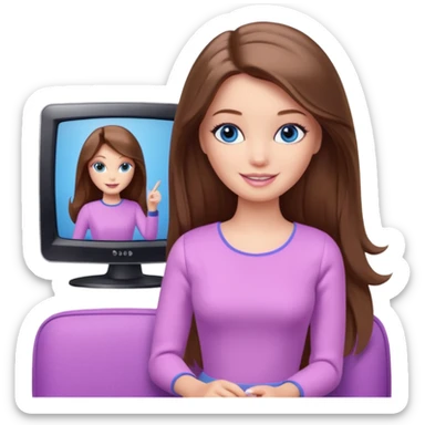 beautiful barbie girl with long brown hair, blue eyes and wearing light purple clothes watching tv sticker