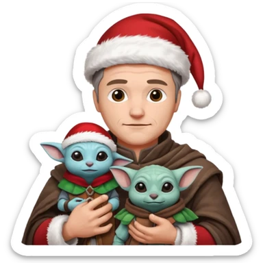 mandalorian holding grogu wearing santa hat sticker