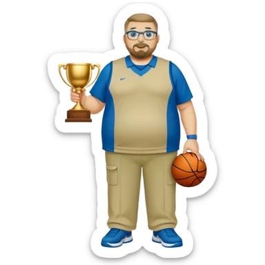 full body white obese male basketball coach with trophy. Goatee , Wearing glasses and blue and green polio and khaki pants sticker