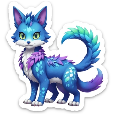 Kawaii iridescent beautiful pretty elegant divine edgy fantasy feline-vernid-sergal-Fakémon-Pokémon-fursona-animal-creature with accessories, full body, with intricate detailed markings sticker