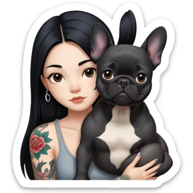 a Chinese girl with long black  straight hair and tattoos and Black french bulldog sticker