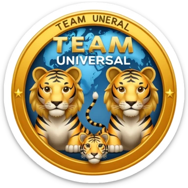 Un mundo al centro con un león a su lado izquierdo y un tigre al lado derecho y en el medio escrito "TEAM UNIVERSAL" sticker