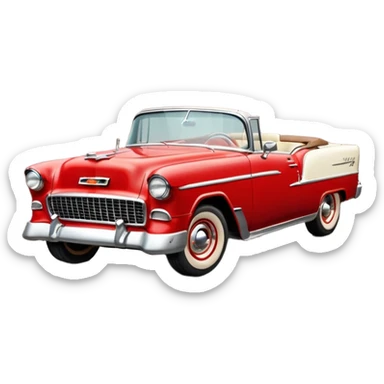 1955 Chevrolet Bel Air Convertible, Red-White color, with a bucket of brown mud pouring down on it, and the car itself is covered in brown mud on the sides that has stuck.32x32 pixels, aspect ratio: 1:1 sticker