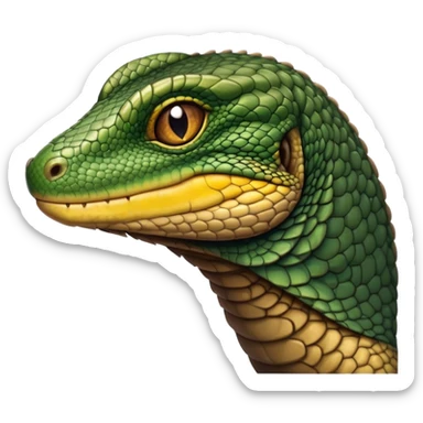 Cinematic Realistic Noble Monitor Lizard Portrait Emoji, Poised and imposing, with a robust, muscular build and a rugged, intricately scaled hide in natural olive and dark brown tones, a sharply defined head with intense, observant eyes, rendered with lifelike detail and authentic texture, high shine, intelligent and formidable, styled with an air of desert authority, focused and attentive, soft glowing outline, capturing the essence of a watchful and confident monitor lizard that appears ready to stride out of the screen with effortless power! sticker