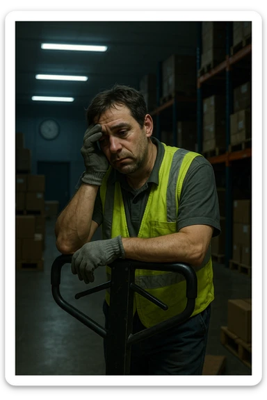 a tired warehouse worker in his 40s, wearing a reflective vest and work gloves, stands under harsh fluorescent lights in a large, dimly lit warehouse. He leans on a pallet jack, eyes heavy with fatigue and dark circles under them. Stacks of boxes and shelves loom in the background, and a wall clock shows it’s the middle of the night. The mood is somber and empathetic. sticker
