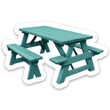 picnic table with attached benches, muted teal, straight vertical legs, small wheels, flat wood-style silhouette, minimal shading, clean geometry sticker