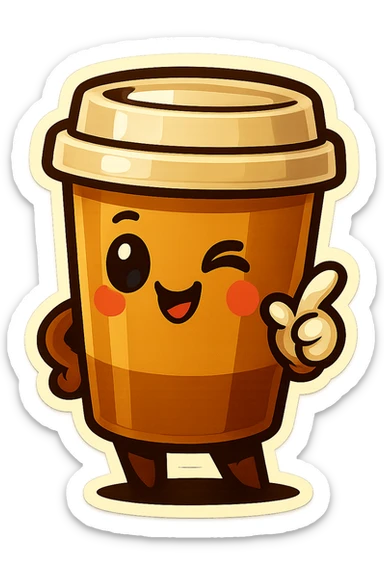 Tall coffee cup, flirty wink, pointing at viewer sticker