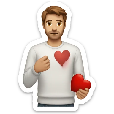 White man with brown hair holding a broken heart sticker