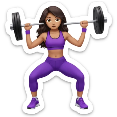 mujer de tez trigueña, con cabello castaño oscuro ondulado no muy marcado, hasta las nalgas super largo estilizado, con ropa deportiva morada/lila, tenis blancos deportivos y levantando una pesa sticker