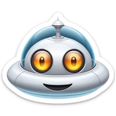 Design a simple, friendly spaceship with a smooth, rounded shape. Add a clear 'face' on the front using glowing lights for eyes and a curved line for a smile, giving it personality. Use a plain background to keep the focus on the ship sticker