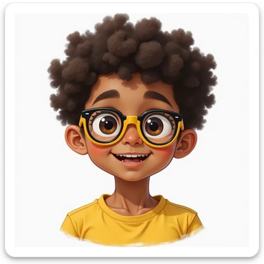 11 year old mixed-race boy, yellow and black glasses, curly hair, realistic illustration style, neutral background sticker