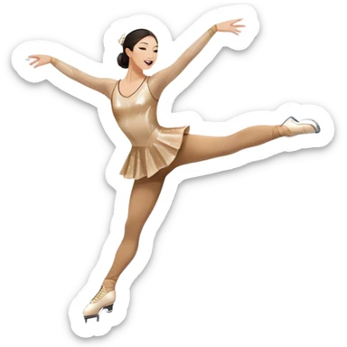 An icon showing a figure skater performing an elegant routine on an ice rink. The skater, inspired by Michelle Kwan, is mid-spin with a graceful pose. The background features bright arena lights, a cheering audience, and a sparkling ice surface. Transparent background. sticker