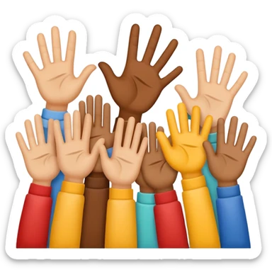 Emoji-style icon showing several diverse hands high-five together, symbolizing unity and team spirit. Flat minimal Apple-style emoji, bright colors, white background, soft shadows. sticker