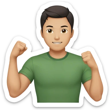A determined Korean man in a green shirt, clenching his right fist with a confident & smile expression. Emoji-style digital illustration sticker