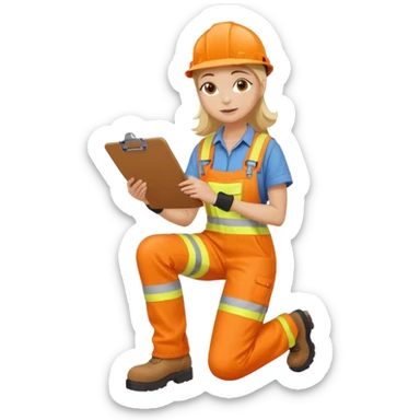 woman in orange hi vis overalls and boots holding a clipboard, kneeling sticker