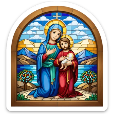 St Mary and Jesus as colourful Mosaic window image of the church sticker