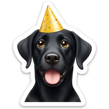 Black Labrador wearing a birthday hat sticker