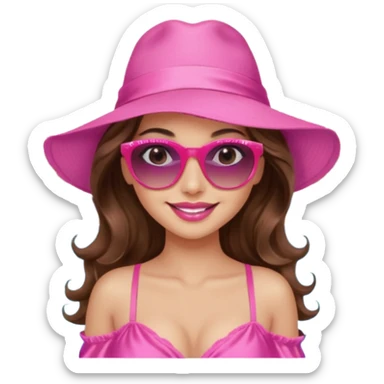 girl with long wavy brown hair, brown eyes, long lashes makeup, sexy pink lips, smiling, light to medium complexion, wearing a pink sexy silk top, relaxing by the pool sticker