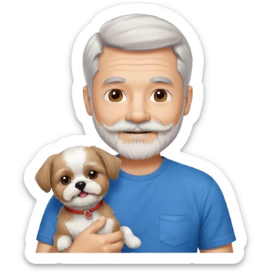handsome gentleman, 60 years old, short silver hair, beard/moustache, wearing a blue t-shirt, smiling and holding a shih tzu sticker