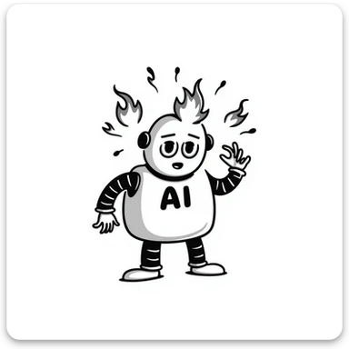 hand-drawn doodle of robot labeled 'AI', sweating, catching fire, looking panicked sticker