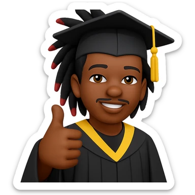Create a male African American graduate emoji with the hairstyle and features from the reference photo, wearing a graduation cap and gown, giving a thumbs up. No background. sticker