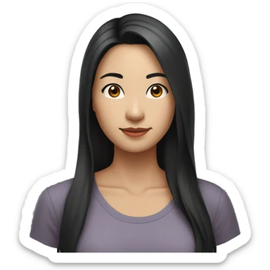 A head and shoulders shot of a 33 year old Asian woman, with long black hair,   with brown eyes wearing a t-shirt. sticker