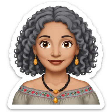 Latina woman, about 55 years old, dark warm brown skin, round soft face, long curly black and gray hair, no headband, medium eyes, thin eyebrows, gentle smile, gray peasant blouse with embroidery, bare shoulders, large dark necklace sticker