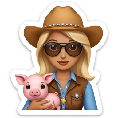 Cowgirl wearing sunglasses and holding a small pig sticker
