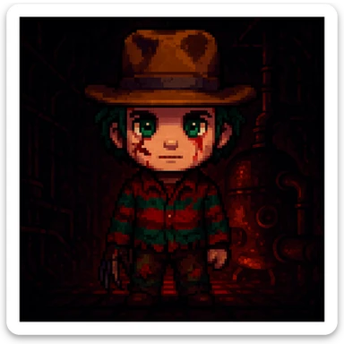 Add a spooky, nightmarish background with a boiler room and dark shadows behind Freddy Krueger, keep pixel art style sticker