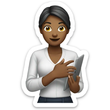 woman with pinched fingers and laptop sticker