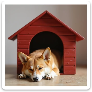 realistic red dog house with a Corgi dog inside, Corgi sleeping, photorealistic style sticker