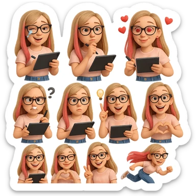 «Создай набор из 12 наклеек в стиле 3D cartoon  женского персонажа (30 лет выглядит моложе)  с прямыми светло русыми волосами до лопаток, яркие розовые пряди в волосах), светлой кожей, большими выразительными голубыми глазами, черные очки для зрения формы кошачий глаз, нос чуть с горбинкой.
Персонаж должен носить пастельную розово-бежевую тай дай футболку, голубые джинсы фасона мом, персонаж должен иметь разные выражения: смех до слез, задумчивость, влюбленность (с сердцами вокруг головы), злость с паром из носа, растерянность (со знаком вопроса), наличие идеи (с зажженной лампочкой), плач со слезами из глаз, удивление с открытым ртом, улыбка и  подмигивание, знак мира рукой, создание сердца руками, бегство со всех ног. Размер картинки не ограниченный, чтобы все наклейки вместились без обрезки. Стиль мультяшный  DreamWorks, мягкий свет, прозрачный фон, и добавь персонажу в руки графический планшет следи чтобы выглядело органично, красиво, не нарушая законы природы и физики, можешь добавить в другую руку перо от графического планшета, если это будет позволять смысл стикера» sticker