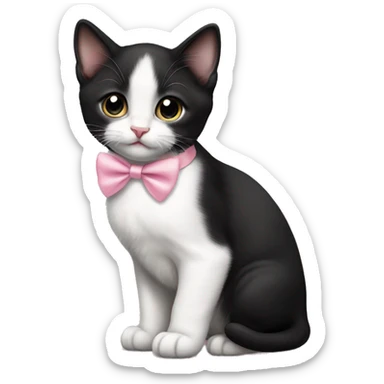 Tuxedo kitten standing. Pink bow on ear sticker
