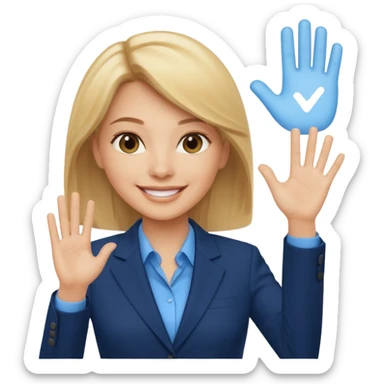 Make emoji of business woman with light skin and medium blonde hair in a dark blue business suit and light blue shirt waiving to new clients sticker
